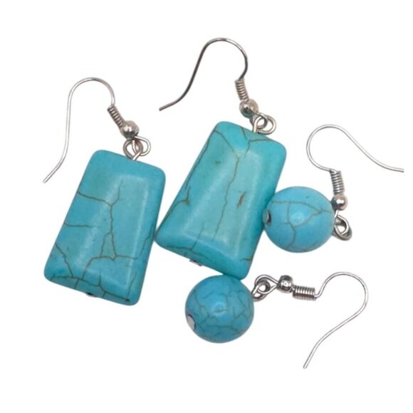 Turquoise Stone Dangle Earrings Set With Rectangular & Round Stone Design - Picture 4 of 4